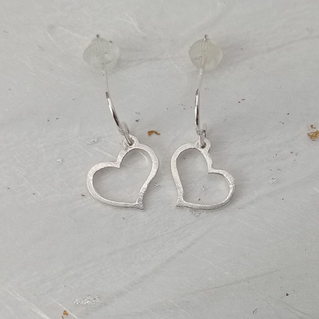 recycled sterling silver open heart drop earrings