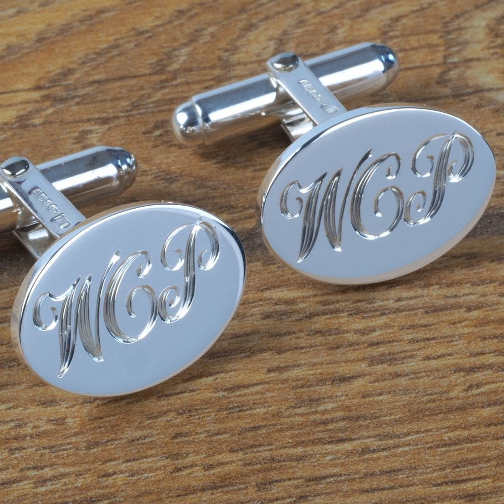 engraved script initials on sterling silver cufflinks