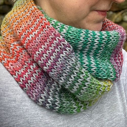 Knitted Infinity Scarf grey and skinny rainbow stripes