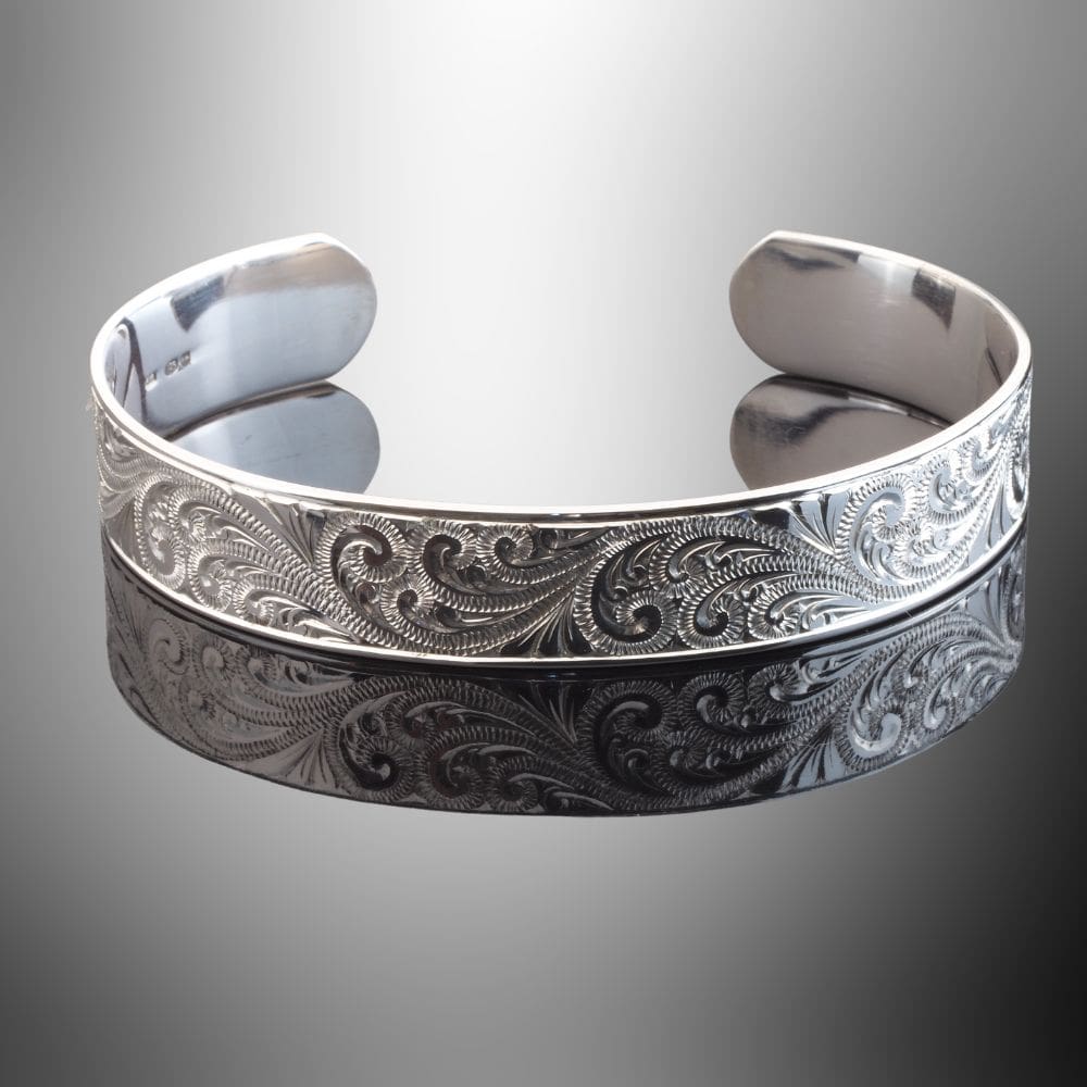 hand engraved sterling silver 12mm scroll design ladies cuff bracelet