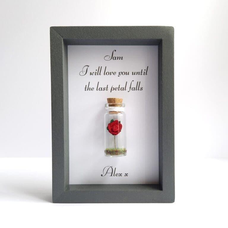 I Will Love You Until The Last Petal Falls Quote Framed And Personalised Miniature Glass Bottle