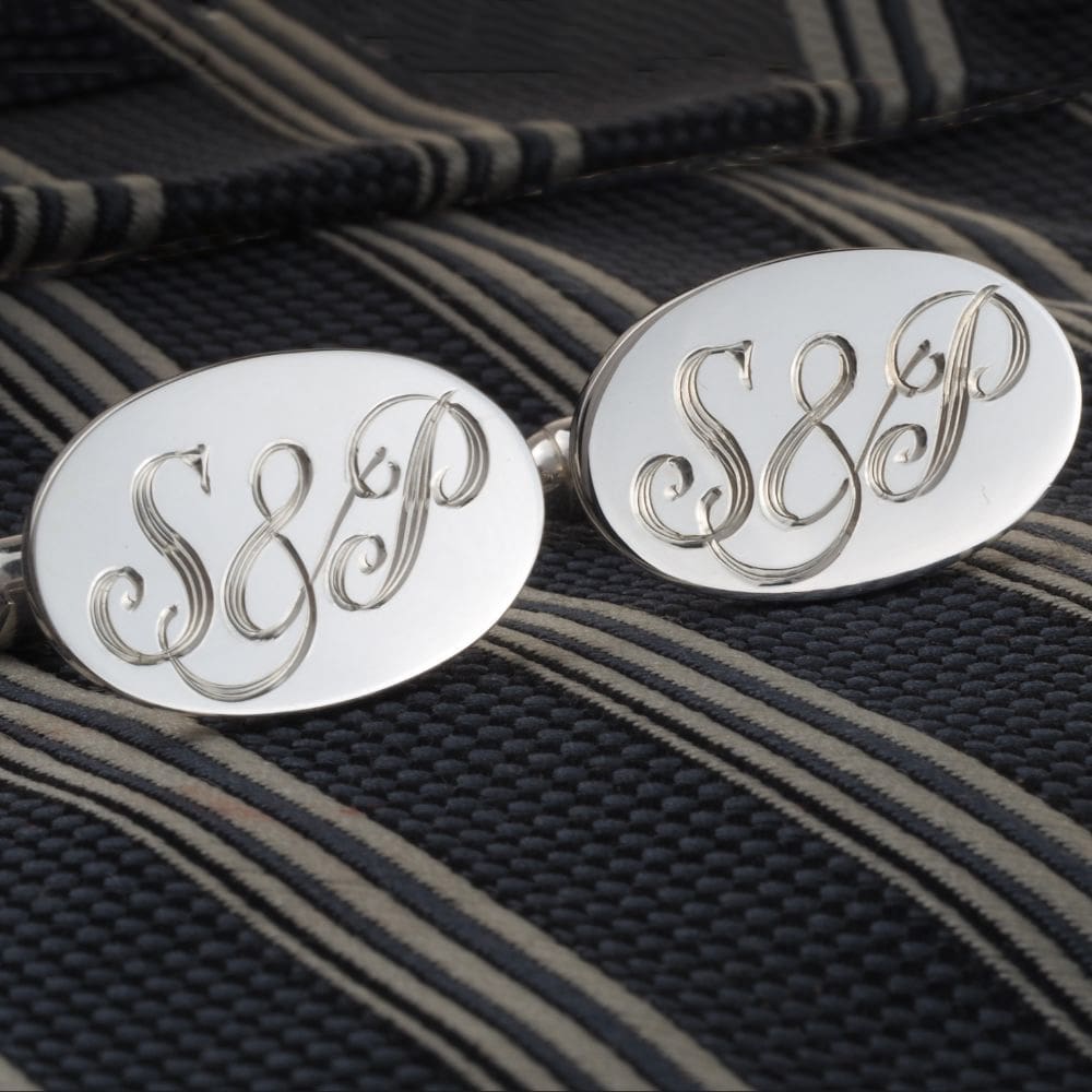 engraved initials on sterling silver oval cufflinks