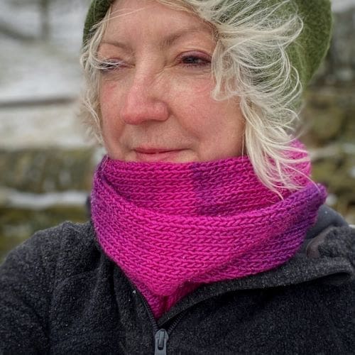 Knitted Infinity Scarf in variegated pink and purple vegan yarn