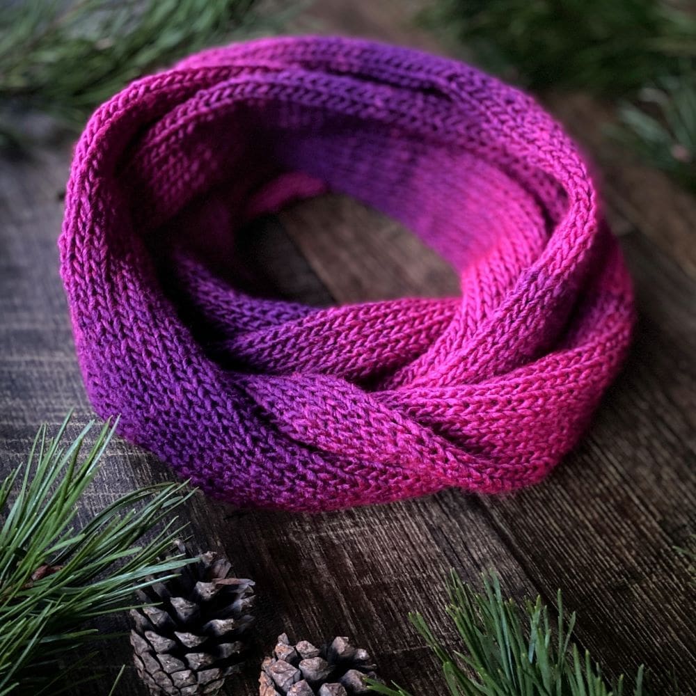 Pink and purple vegan knitted Infinity scarf