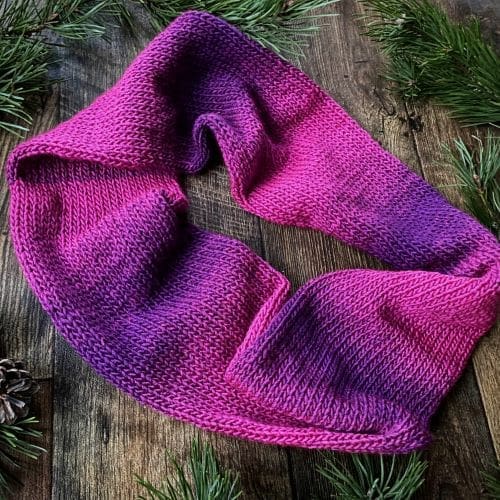 Pink and purple knitted vegan infinity scarf