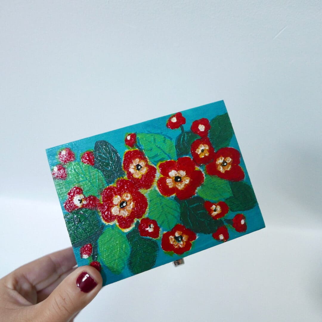 Red primula painting jewellery box