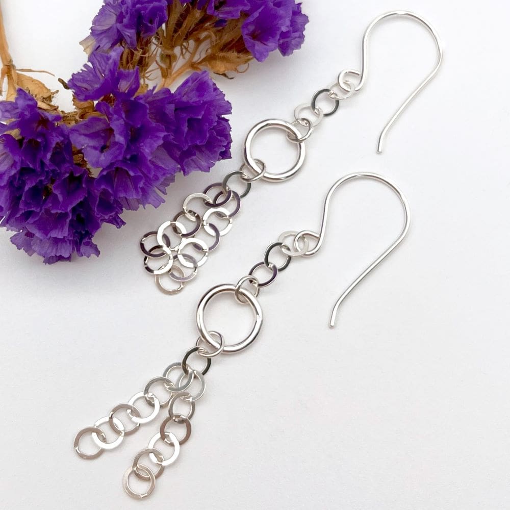 silver drop earrings with round link chain and bigger rings on silver ear wires