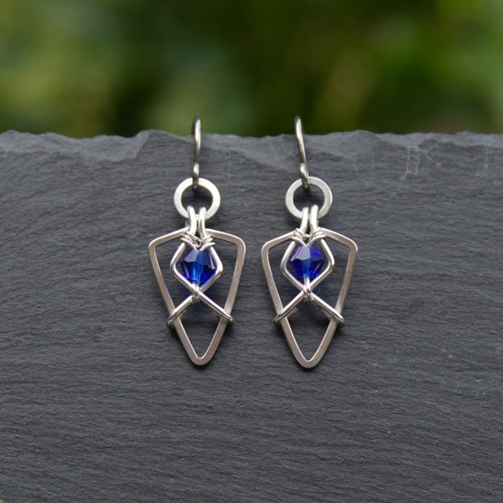 Handmade sterling silver arrowhead earrings with blue beads