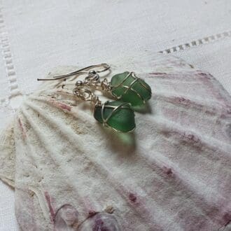 A 'pair' of sage green sea glass pieces wrapped in fine silver wire hung from hooks to create drop earrings. Displayed on a large clam shell.