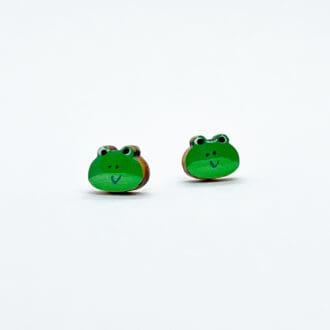 bright green hand painted frog earrings on a white background