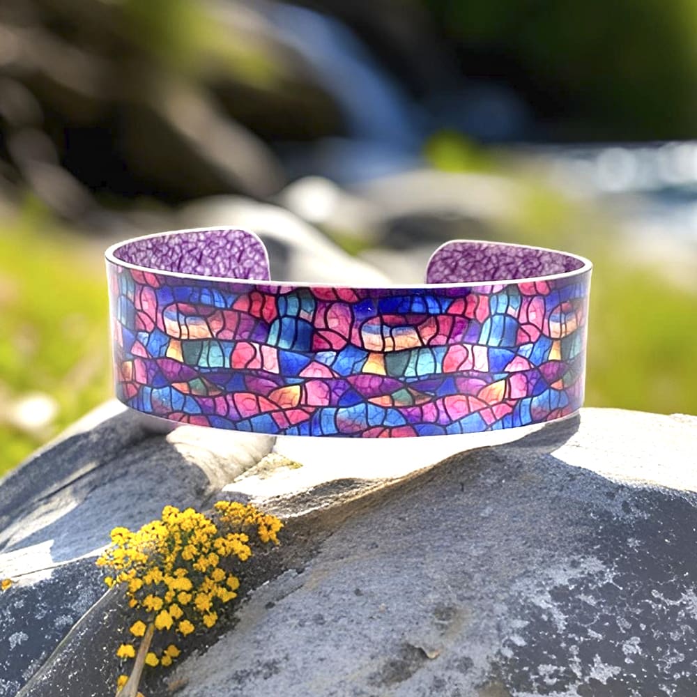 Handmade jewellery, colourful, bangle, cuff bracelet, personalisation, modern, abstract, pink, blue purple, stained glass design, unique gift, lightweight, aluminium