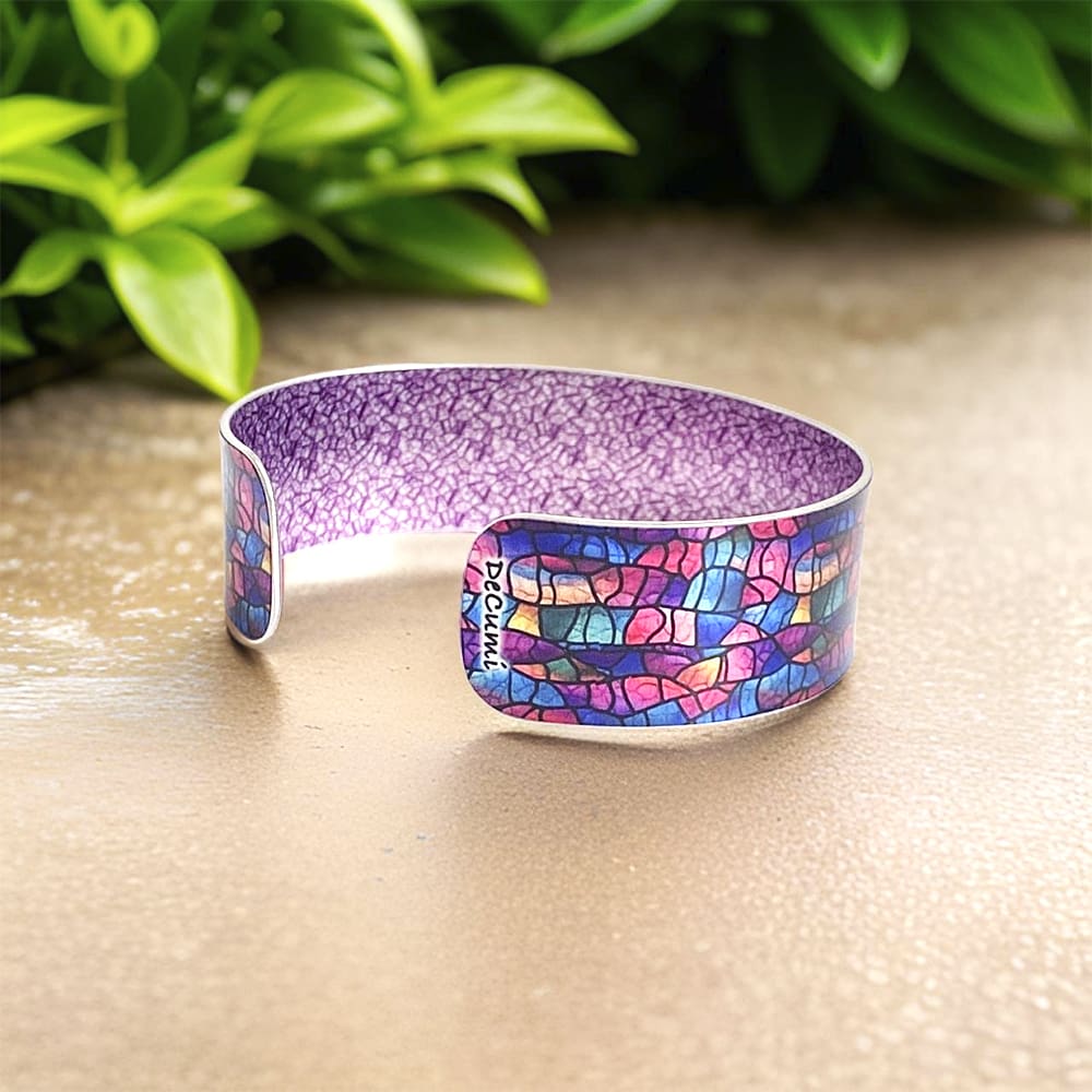 Handmade jewellery, colourful, bangle, cuff bracelet, personalisation, modern, abstract, pink, blue purple, stained glass design, unique gift, lightweight, aluminium
