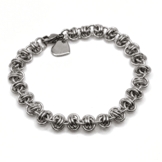 Chainmaille bracelet made with aluminium rings (silver coloured) woven in the barrel weave