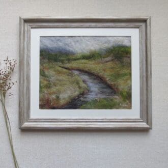 A handmade wet and needle felted wool painting of a moorland beck in the Yorkshire Dales