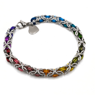 chainmaille bracelet made with silver aluminium and rainbow coloured anodized aluminium rings woven in the byzantine weave