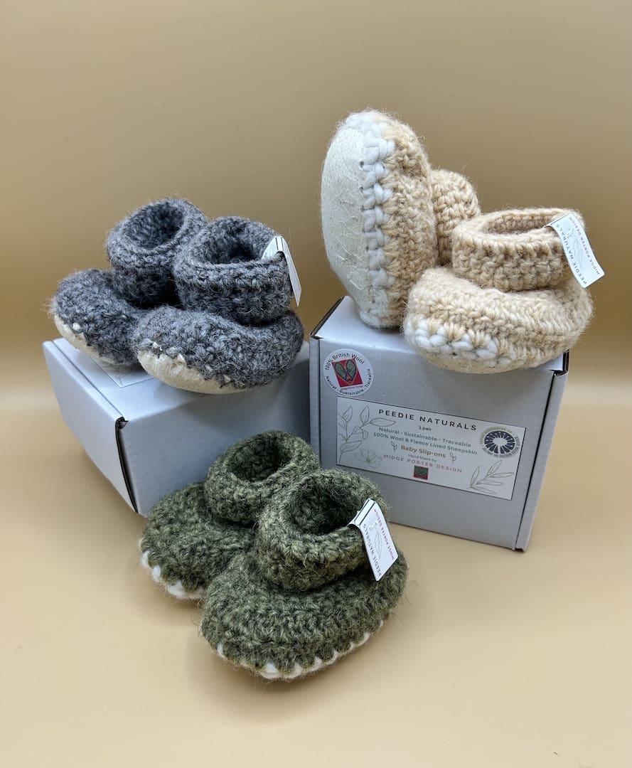 'Peedie Naturals' baby slip-on soft shoe/ bootie wool/ sheepskin range by Midge Porter Design
