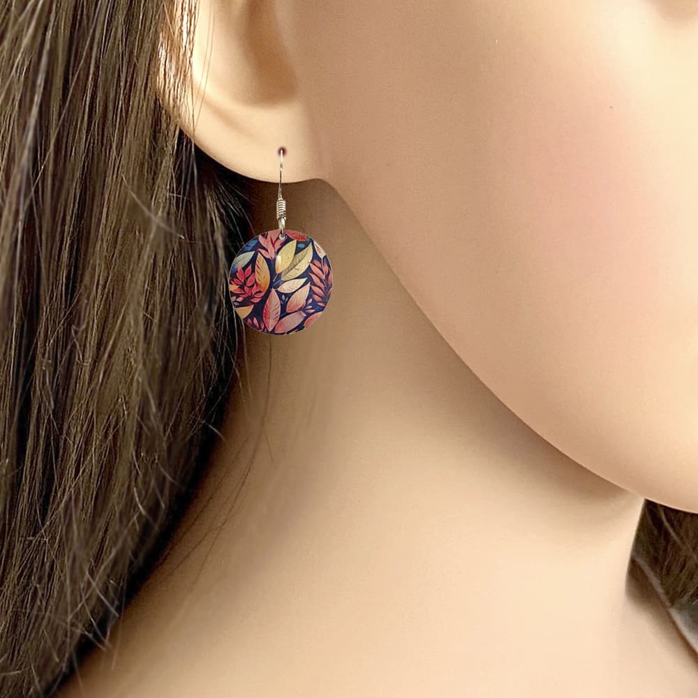 Drop earrings, round, disc, leaf, leaves, nature, pink, navy blue, handmade jewellery, UK