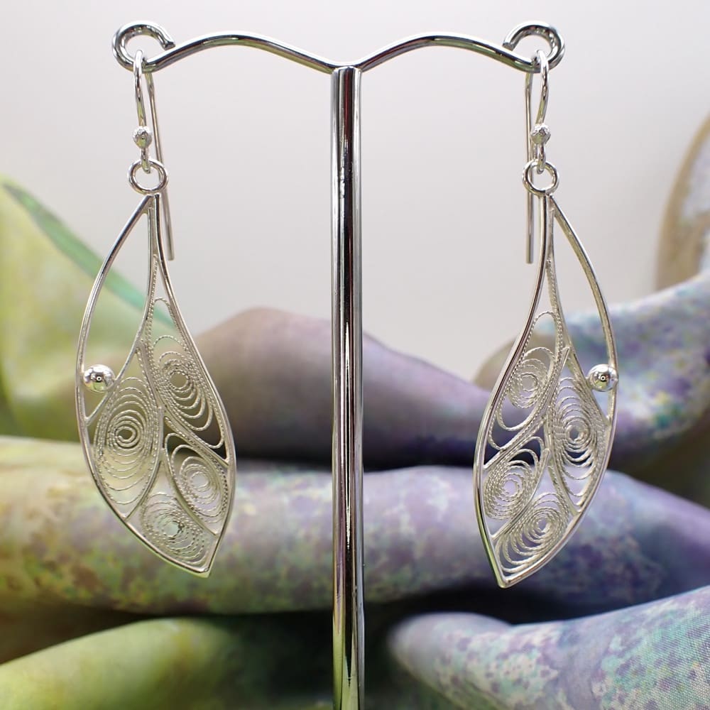 Filigree silver leaf earrings unusual designer handmade