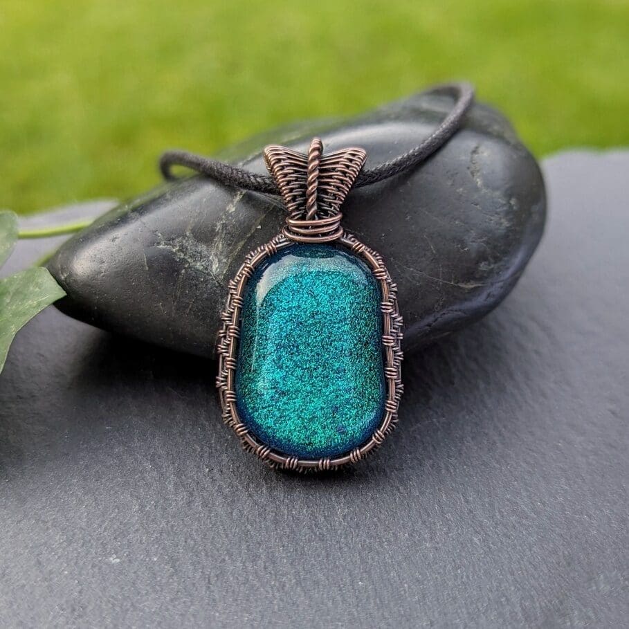 Copper Wire Weave Pendant - Green Dichroic Glass - The British Craft House