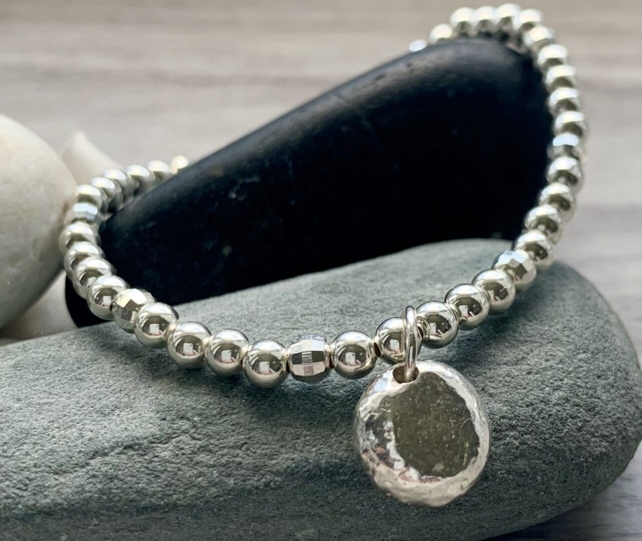 sterling silver stretch bracelet with recycled silver pebble