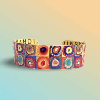 Wassily Kandinsky, jewellery, bangle, bracelet, cuff, colourful, concentric, circles, classic art, squares. Handmade jewellery, UK