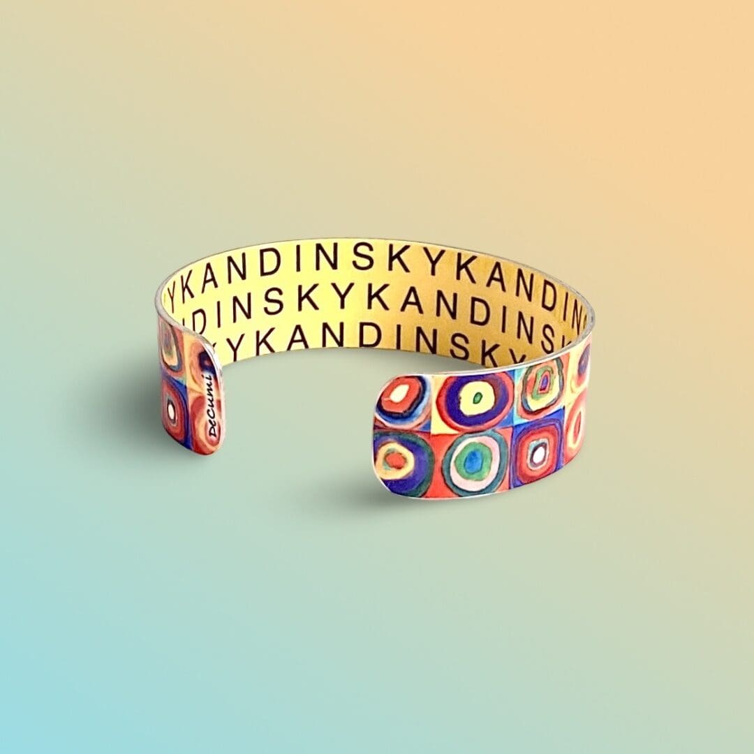 Wassily Kandinsky, jewellery, bangle, bracelet, cuff, colourful, concentric, circles, squares. Classic art, Handmade jewellery, UK