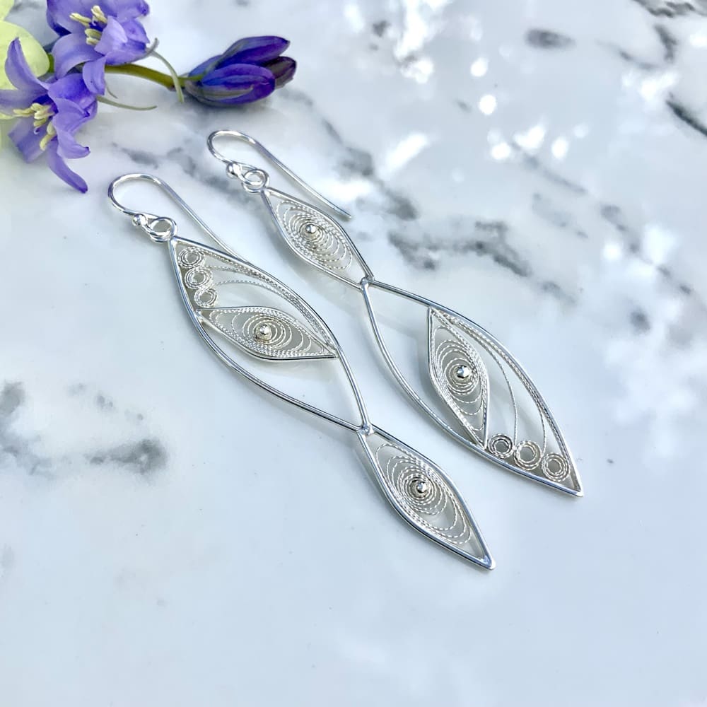 Sterling silver long drop asymmetrical earrings - filigree bridal ...
