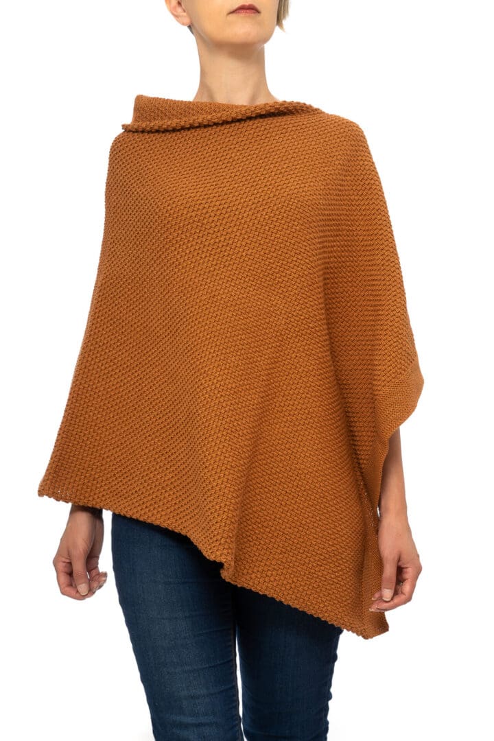 Lady's Orange Cotton and Acrylic Patterned Poncho - Front View