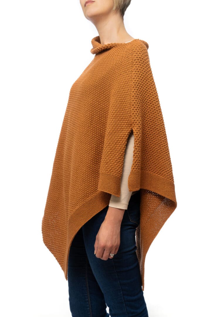Lady's Orange Cotton and Acrylic Patterned Poncho - Side View