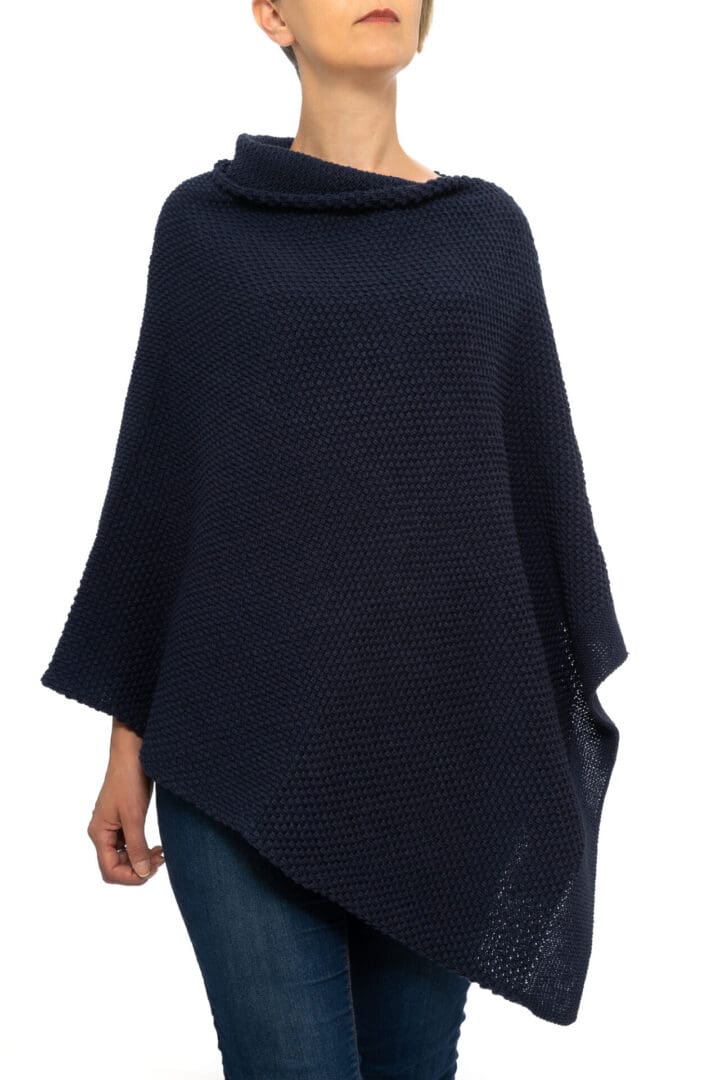 Ladies Navy cotton acrylic patterned poncho - Front View