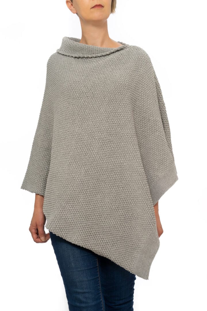 Lady's Grey, Cotton, and Acrylic Patterned Poncho - Front View