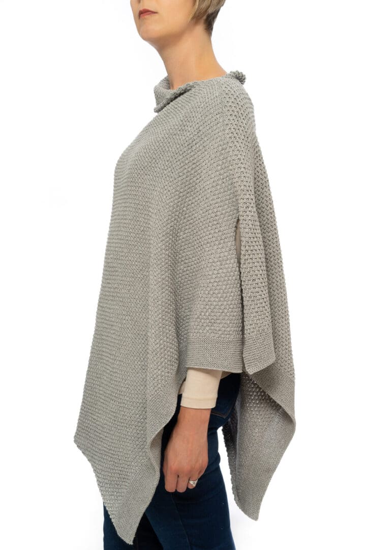 Lady's Grey, Cotton, and Acrylic Patterned Poncho - Side View