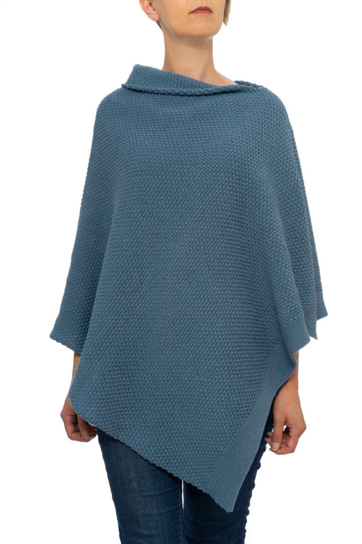 Textured Denim Blue Cotton Acrylic Poncho - Front View