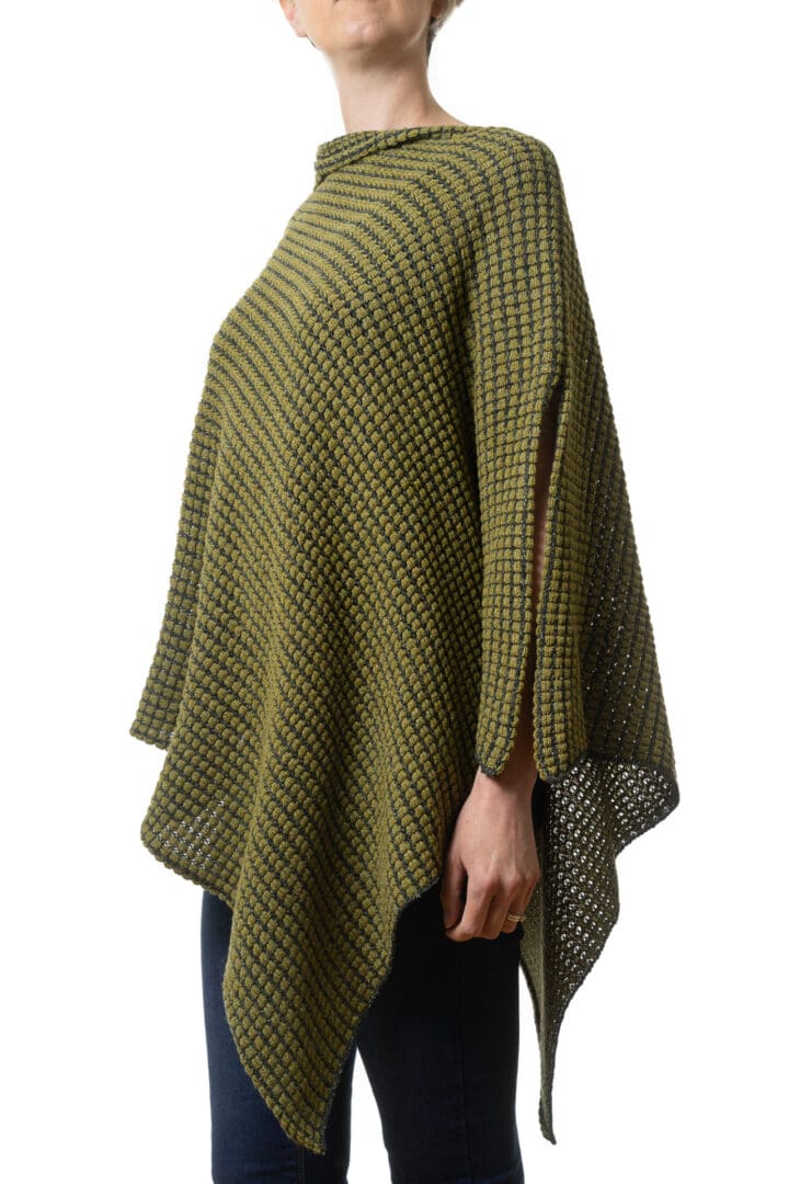 Two Tone Green Ladies Merino and Silk Poncho Side View