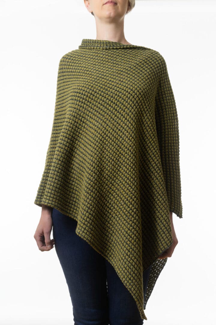 Two Tone Green Ladies Merino and Silk Poncho Front View