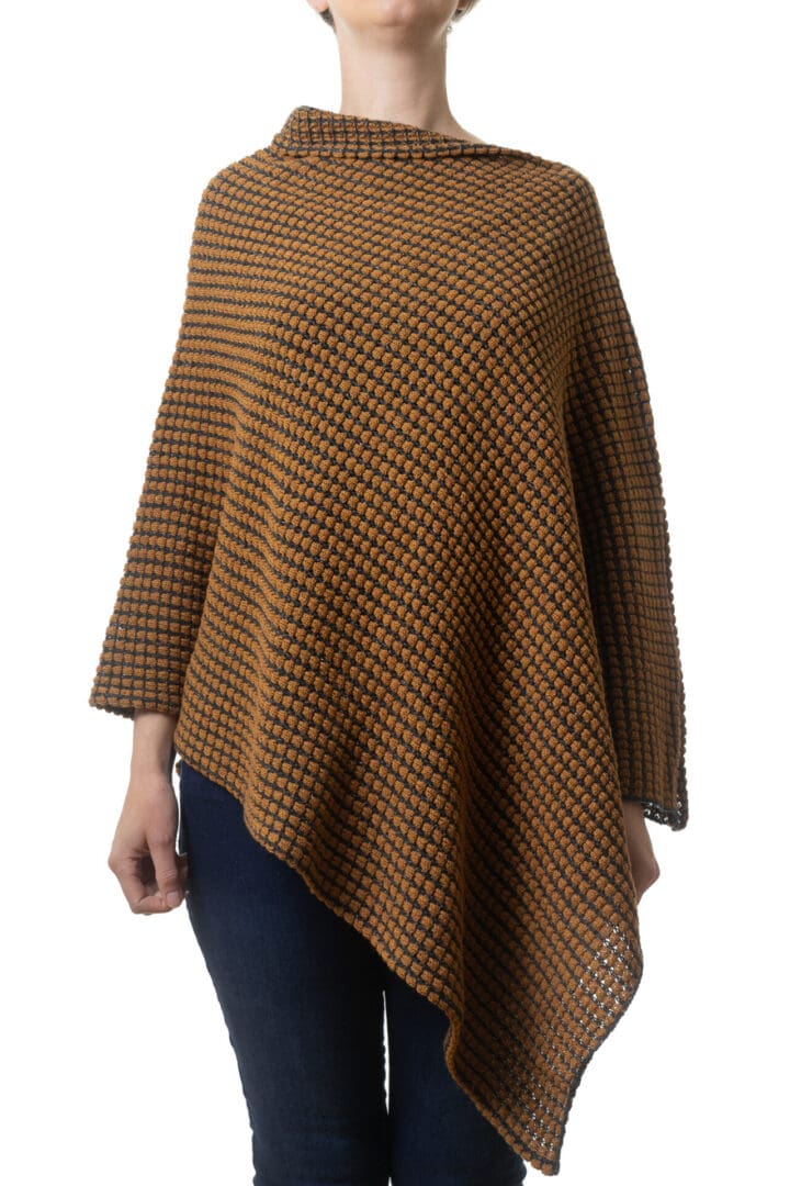Mustard and Black, Merino and Silk, Ladies Poncho - Front View