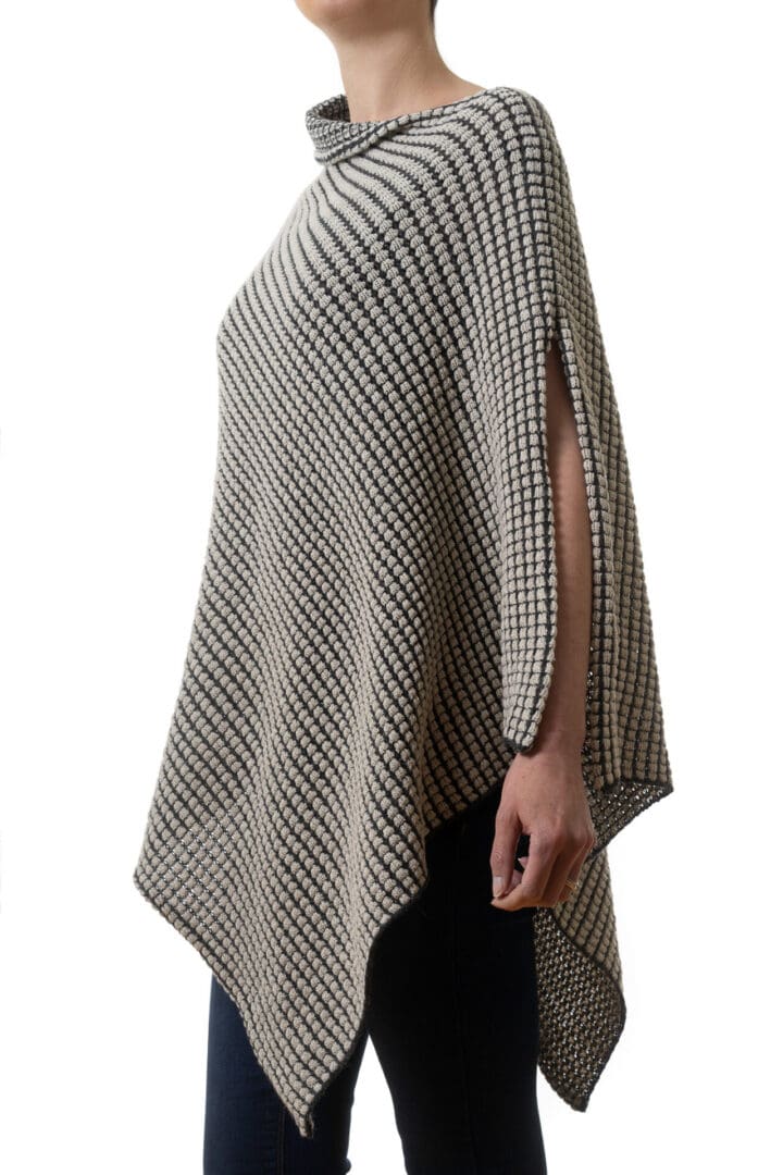 Natural and Black Ladies Merino and Sill Poncho Side View