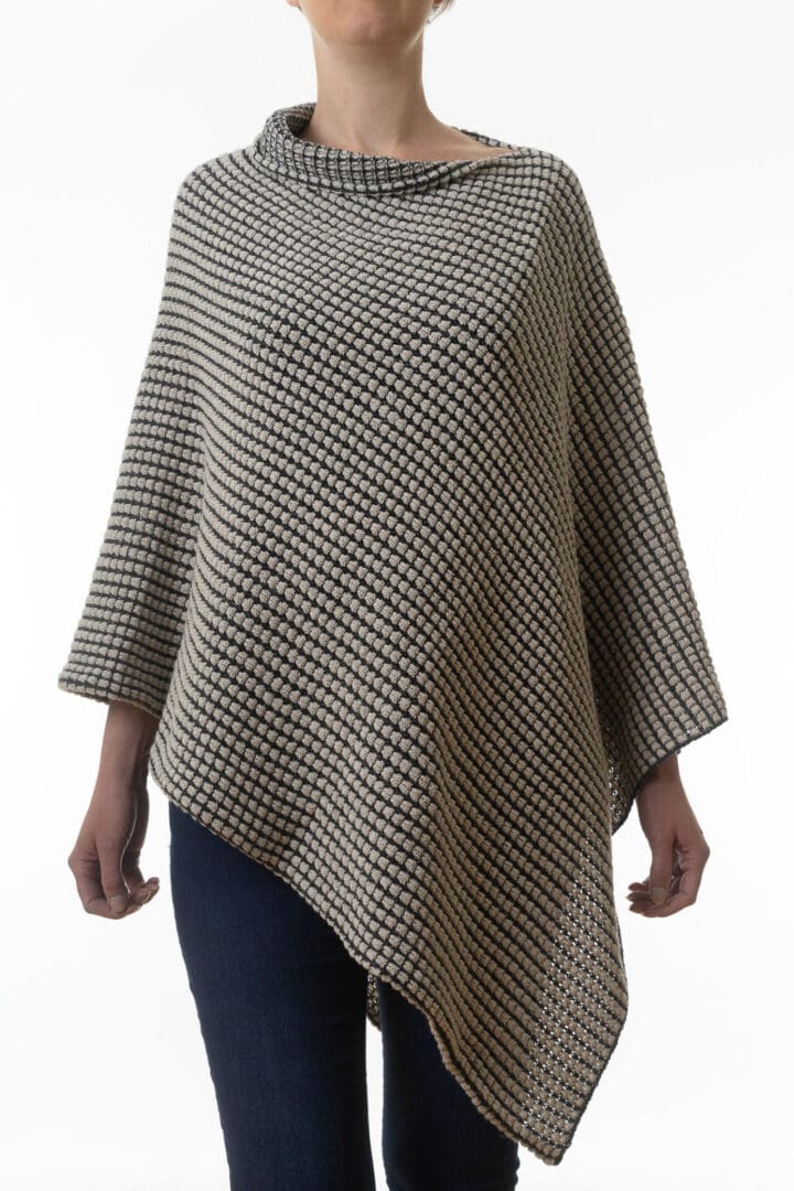 Natural and Black Ladies Merino and Sill Poncho Front View