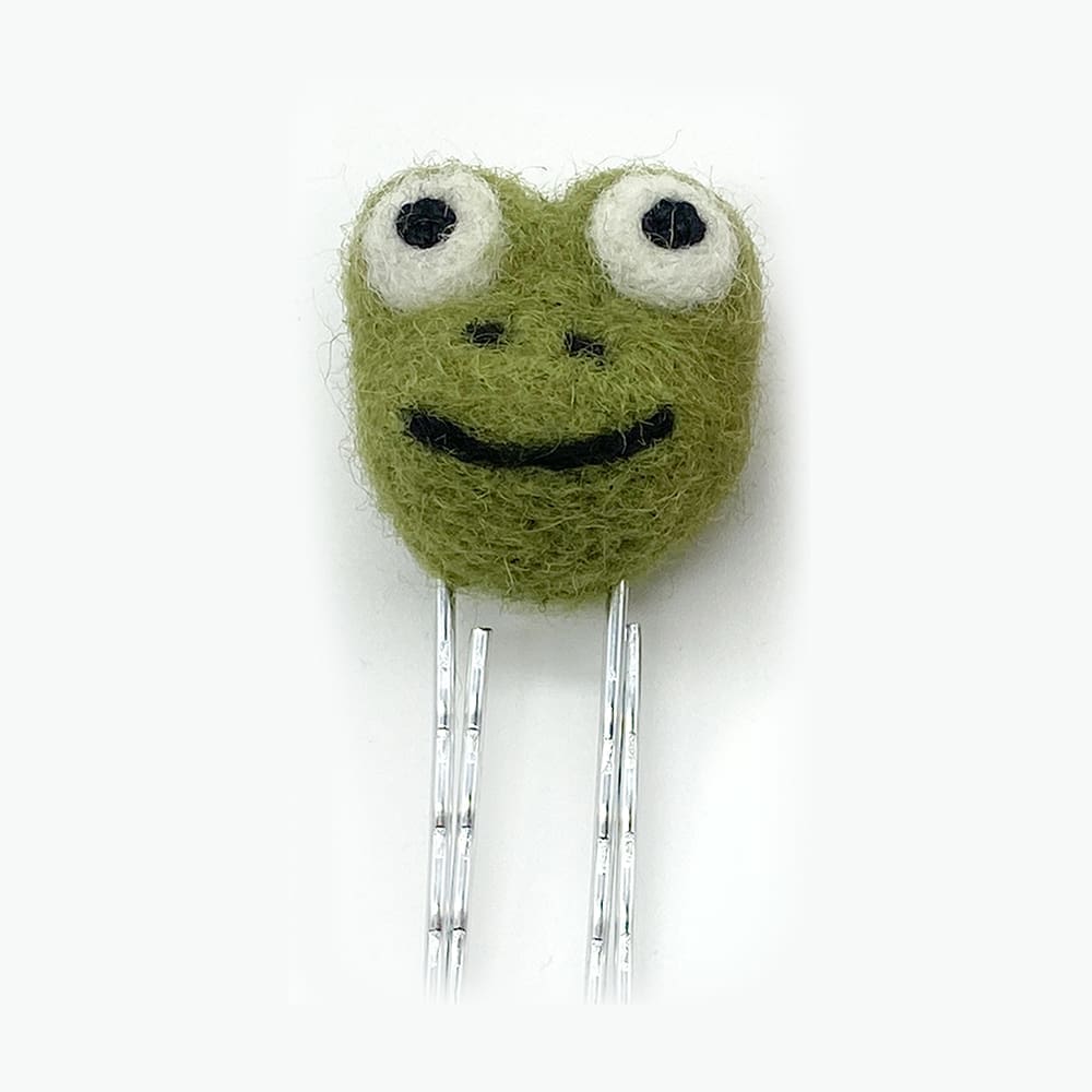 Handmade needle felted frog bookmark, made from 100% wool and attached to a paperclip