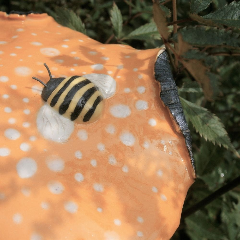 Orange & White Ceramic Mushroom with Bee