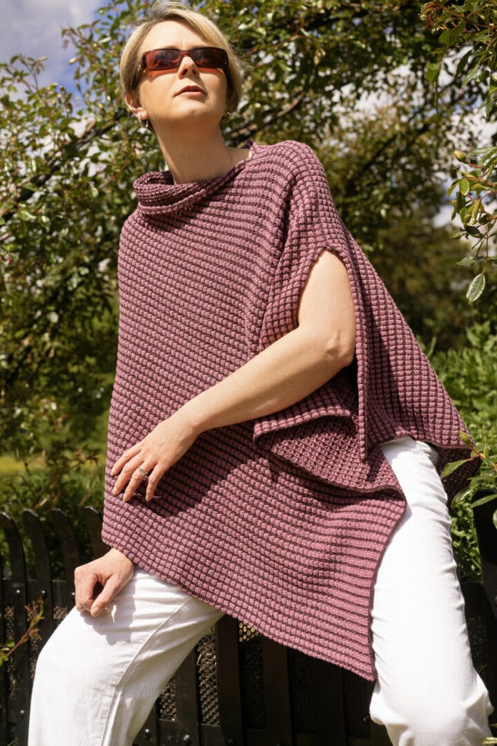 Ladies Poncho knitted Merino and Silk in Two Tone Pink