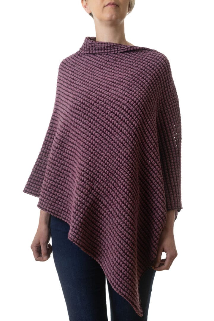 Ladies Poncho knitted Merino and Silk in Two Tone Pink -Front View