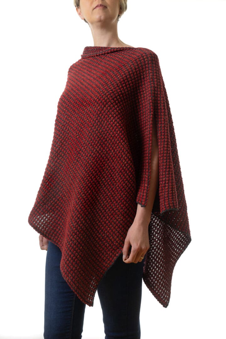 Ladies Red on a Black Background Poncho, Side View