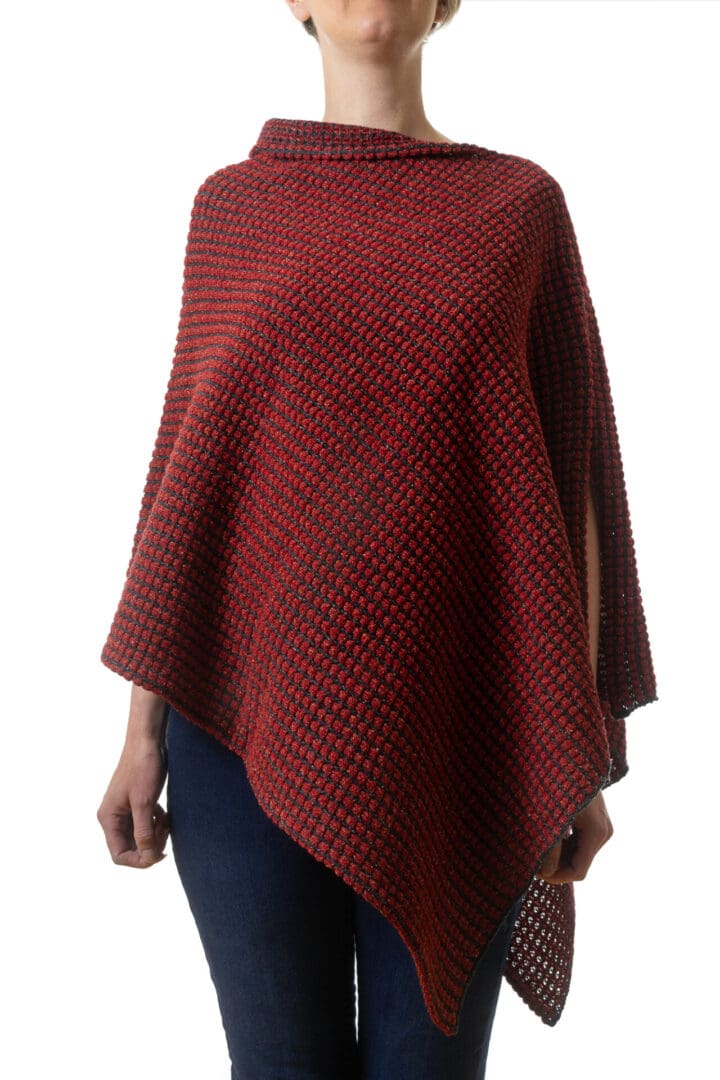 Ladies Red on a Black Background Poncho, Front View
