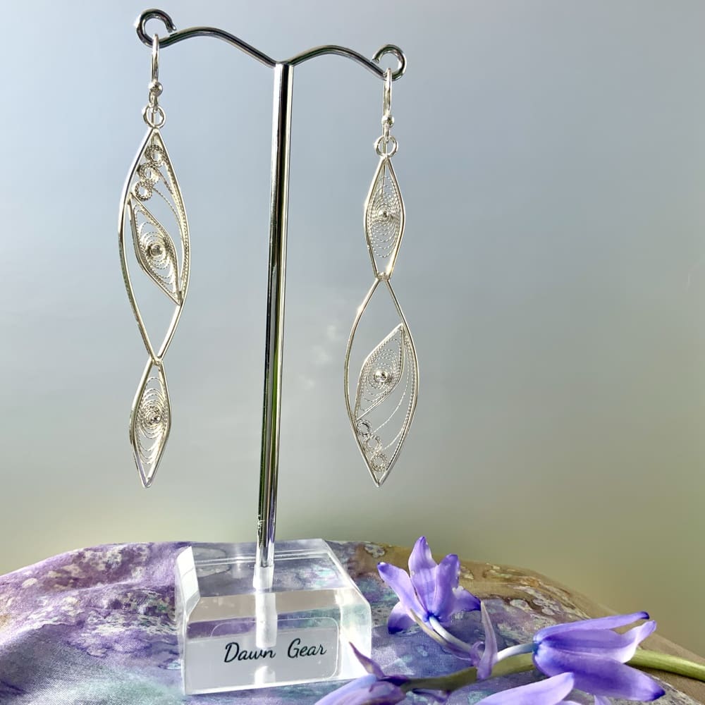 Silver long drop filigree lace earrings bridal jewellery