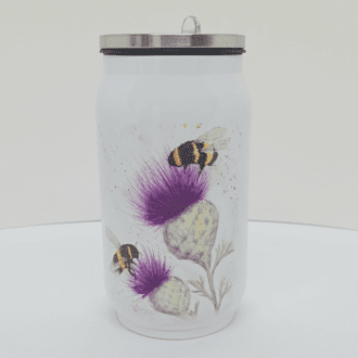 Stainless steel drinks cup or bottle featuring bees and thistles artwork