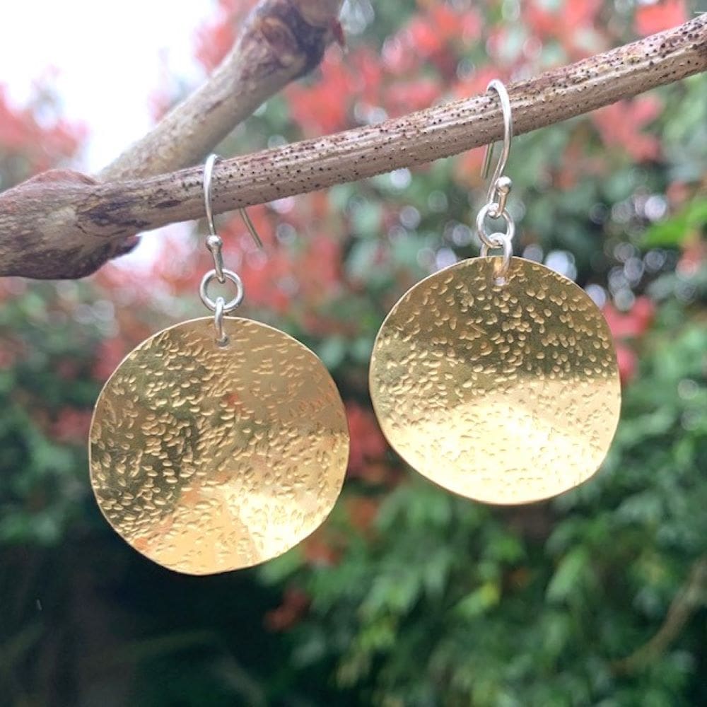 Textured Brass Round Disc Dangly Earrings