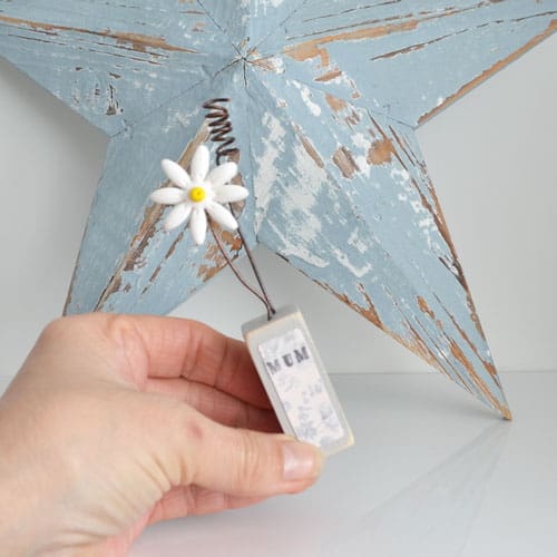 Polymer clay daisy flower with wire flower set in wood for Mum