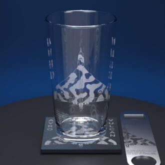 Avro Vulcan engraved pint glass together with engraved slate coaster and engraved stainless steel bottle opener