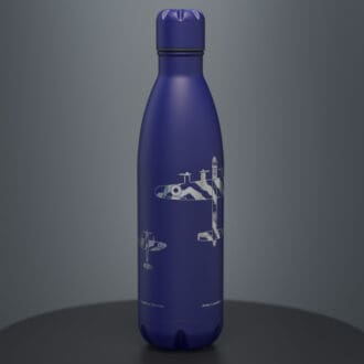 Battle of Britain memorial flight engraved thermal drinks bottle in blue with images of Lancaster, Spitfire and Hurricane